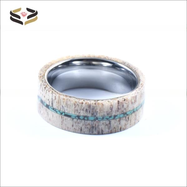 Men'S Wedding Tungsten Antler Ring 8mm With Turquoise Inlay Geometric Pattern