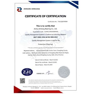 Anhui Anheng Bearing Co.,Ltd Certifications