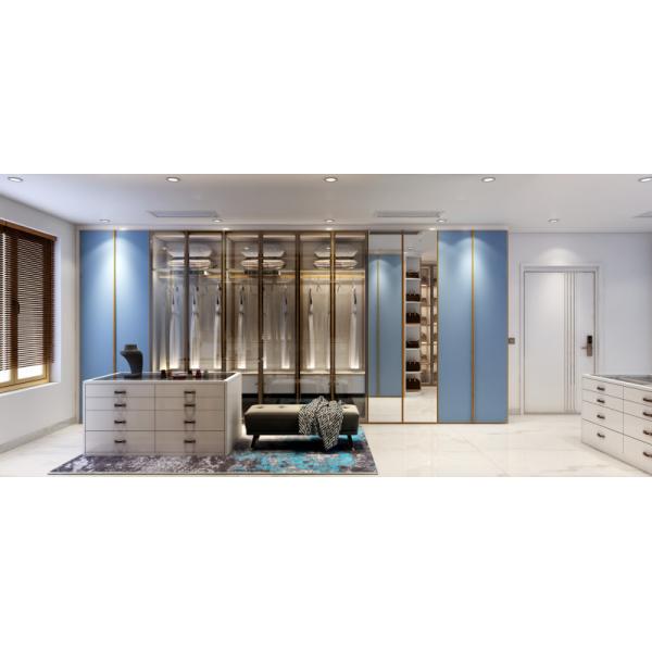 Blue Walk In Closet With Integrated Central Island Seamless Functionality