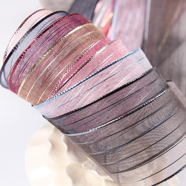10mm-25mm Gold Line Striped Polyester Organza Ribbon for Gift Wrapping and Boxes Packing or Ribbon Bow