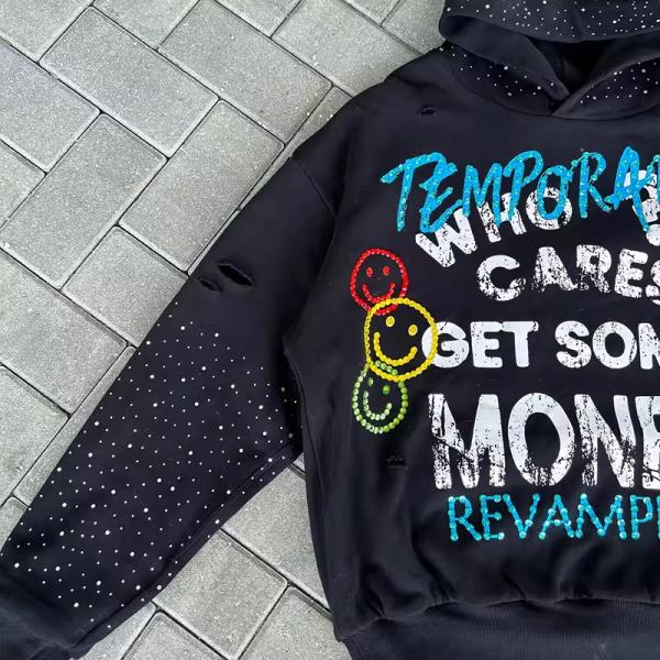 Custom 100% Cotton Acid Wash Hoodie with All Rhinestone Embroidery 3D Zipper Screen Printing French Terry-Cropped Raw Hem Hoodie