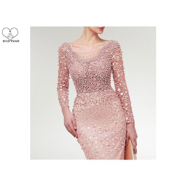 Pink Sexy Mermaid Prom Dresses Perspective Waist Back Lace Beaded Sweep Train