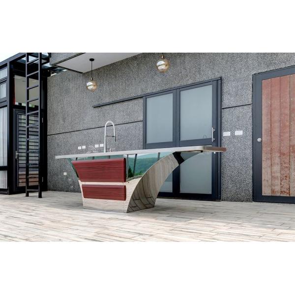 Boat Shaped Design Stainless Steel Outdoor Sink Cabinet With Rose Pink Wood Grain Accent