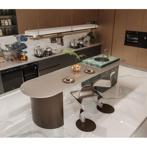 Sophisticated Residential Stainless Steel Kitchen Cabinets With Deep Gray And Brown Accents