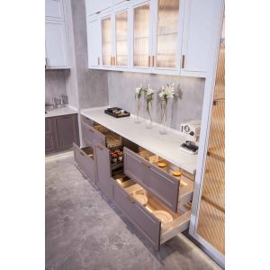 Modern Grey Brass - Trimmed Kitchen Cabinets - Island - Glass Storage