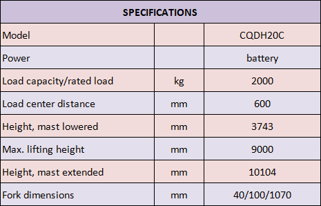 Ac Motor Warehouse Forklift Trucks Max Lift Height 9000mm Capacity 2 Ton
