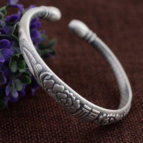 Women Sterling Silver Cuff Bracelet Engraved Fowers Blessings Retro Bangle (055733)