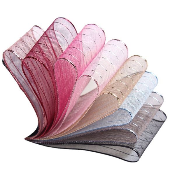 10mm-25mm Gold Line Striped Polyester Organza Ribbon for Gift Wrapping and Boxes Packing or Ribbon Bow