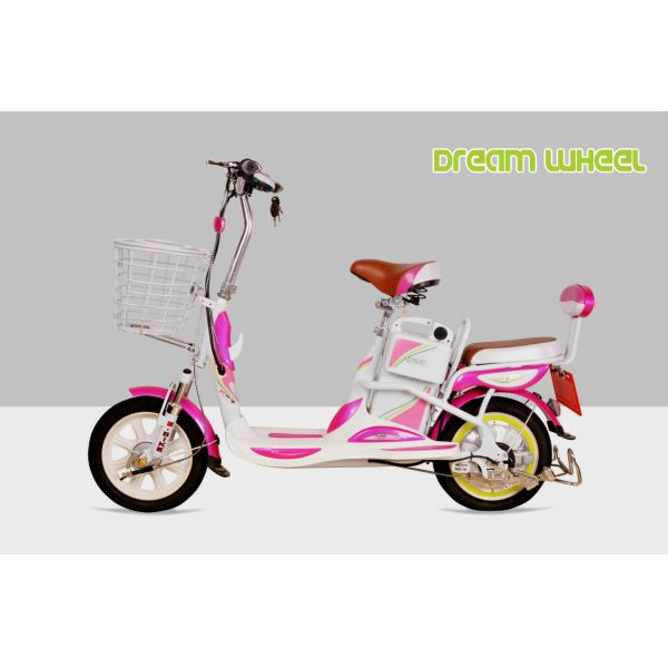 Mini Cool Pedal Assist Electric Bike 350W 48V Pink White Fashion Throttle System