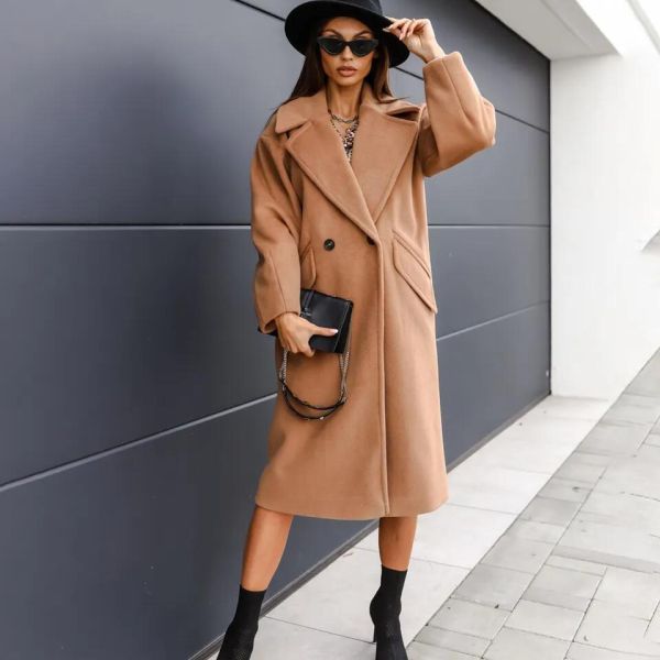 Fall and Winter Woman′s Coats Ladies Jackets Double Cotton Solid Turn Down Collar Long Coats for Women