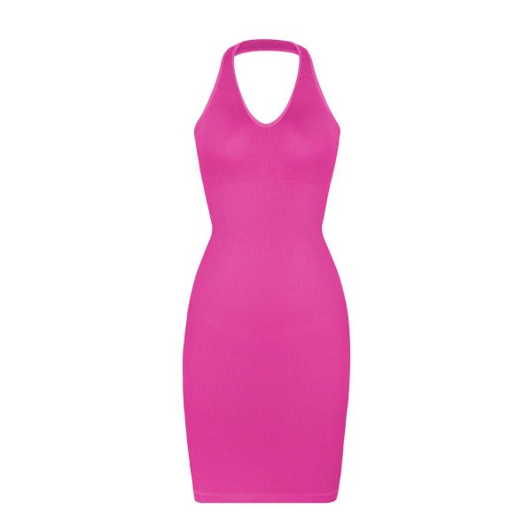 Pink Body Shaper Shapewear Seamless Halter Neck Deep U Outer Wear Dress for Women in Summer