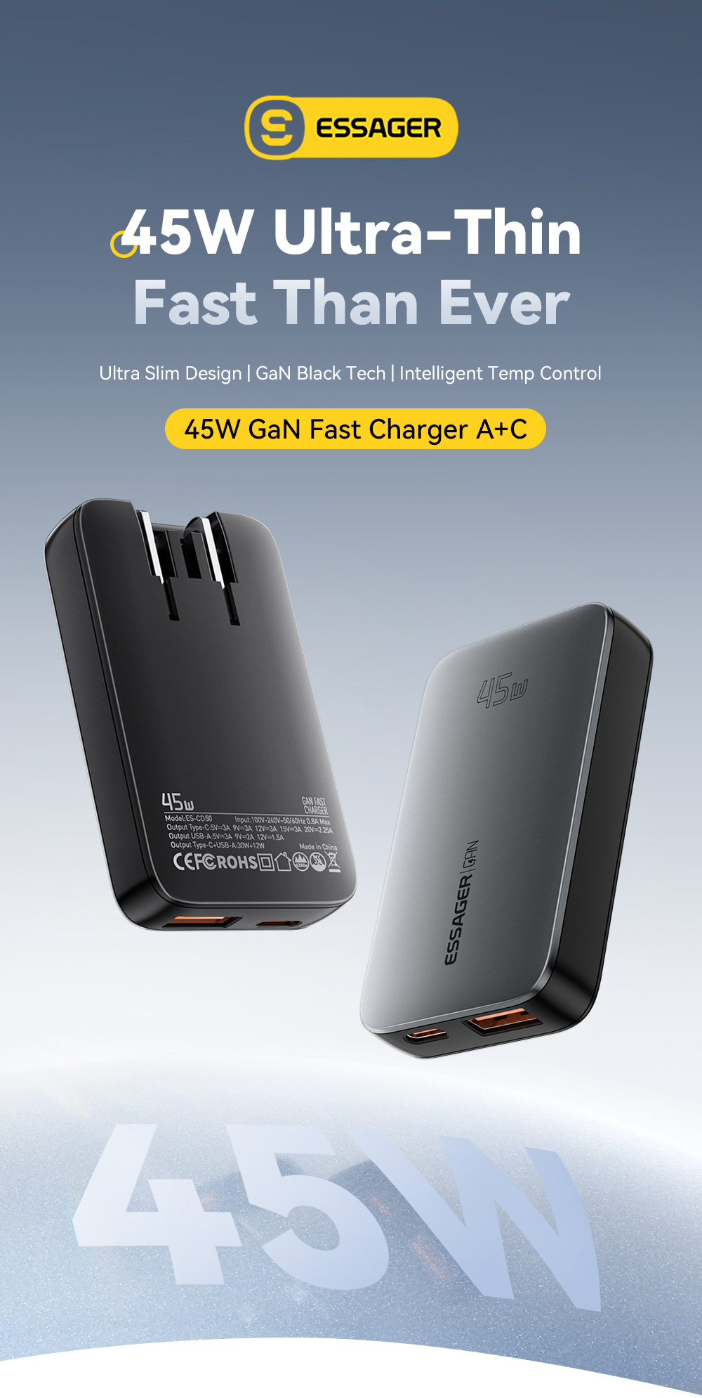 ESSAGER ES-CD48 Series 2 Ports 45W Type C Quick USB Fast Charger with ABS Material