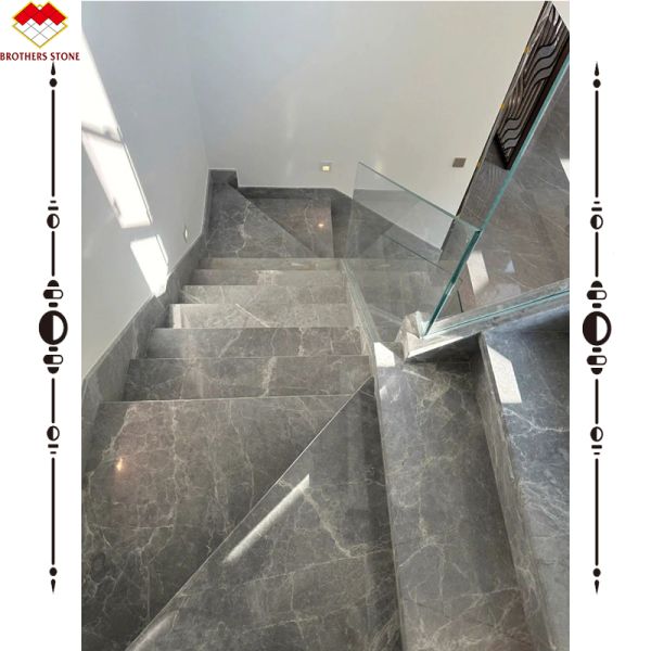 Grey Marble Stair Treads And Risers With Polished Finish For Interior Straight Stairs