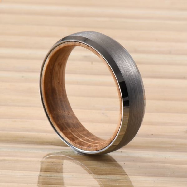 Tungsten Ring Men's Women's 6mm Silver or Black Plated Wedding Band with Whiskey Barrel Wood Inside Beveled Edges Comfort Fit