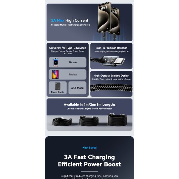 Essager USB A To C Cable USB C Charging Cord 60W 1m 2m 3m