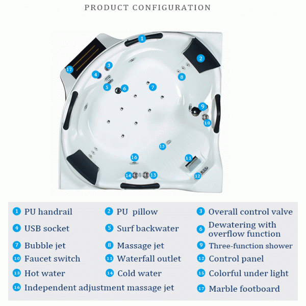2 Person Outdoor Hydrotherapy Whirlpool SPA Bathtub 1560mm Blue Glass