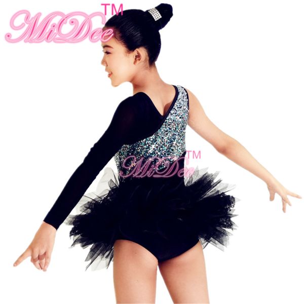 Ballet Dance Competition Costumes V Neckline Glitter Bodice Black Single Sleeve Dress
