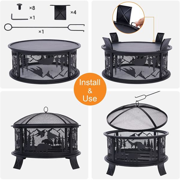 Round Metal Fire Bowl Outside Metal Barbecue Fire Pit With Spark Screen Fire Poker