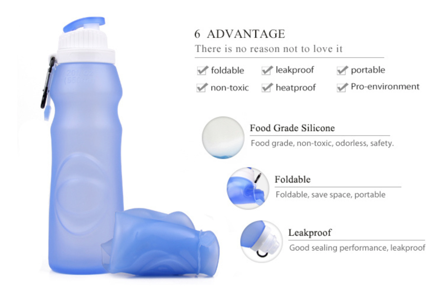 Blue Workout Water Bottles 500ML Foldable Silicone Sports Bottle