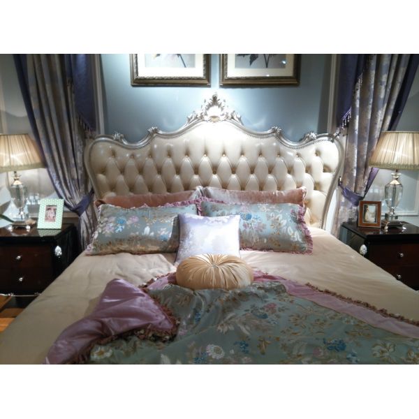 Luxury Classic Bedroom Furniture Queen size Bed Flower Craft Wood and Leather Headboard in Sliver White painting