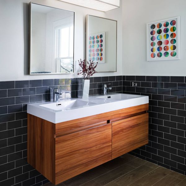 Solid Wood Bathroom Vanity Units With Sink Modern Brown Wood Grain Handless