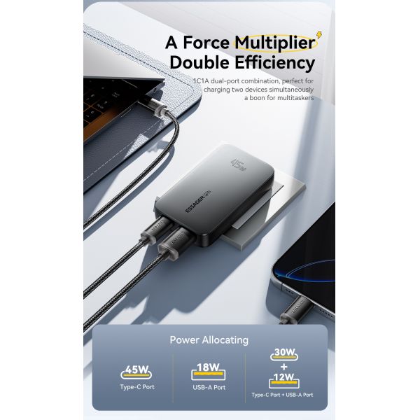 ESSAGER ES-CD48 Series 2 Ports 45W Type C Quick USB Fast Charger with ABS Material