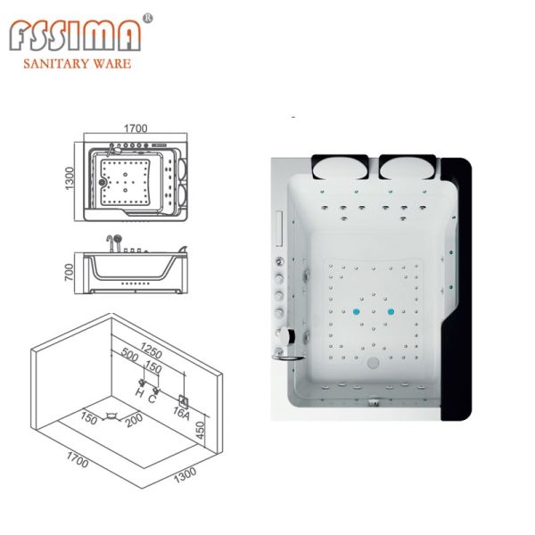 1700*1300*680 Jacuzzi Waterfall Corner Whirlpool Bathtub For Two With LED Light