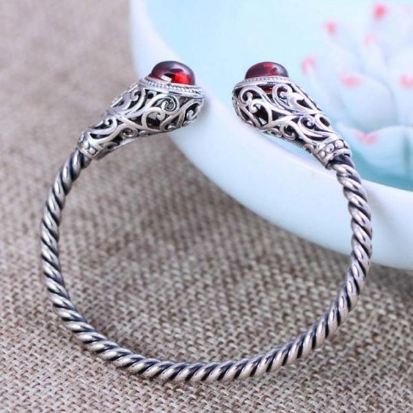 Sterling Silver Cable Bracelet with Garnet Open Adjustable Cuff Bracelet (XH049954W)