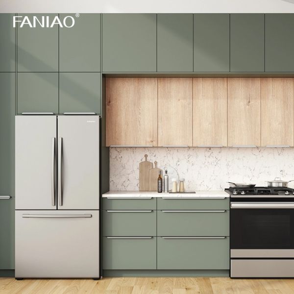 Green Melamine Laminated Finish Handleless Kitchen Cabinet For Builder