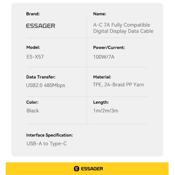 Cotton Yarn USB A To Type C Cable 100W ESSAGER ES-X57 Series