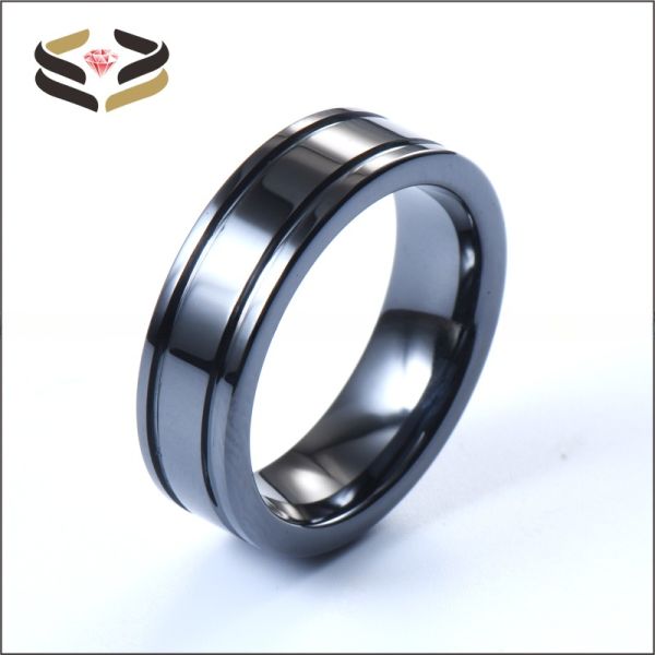 Geometric Black Ceramic Wedding Band Double Grooved Line 6mm For Men Women