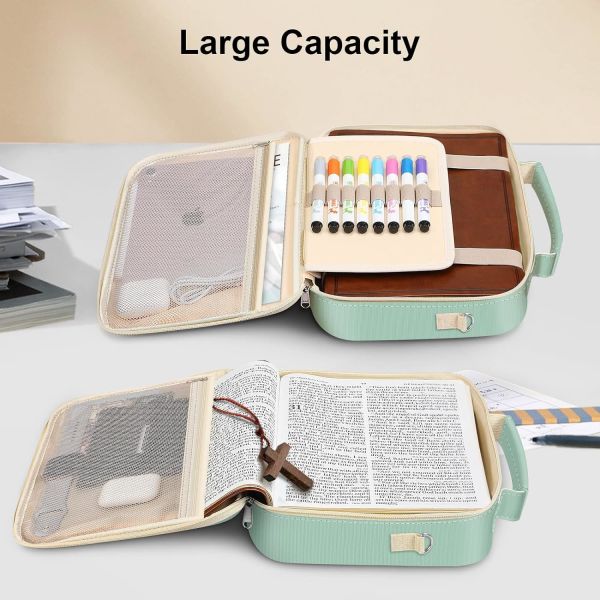 FINPAC Large Bible Cover w/Shoulder Strap, Carrying Book Case Church Bag Bible Protective w/Pen Slots and Zippered