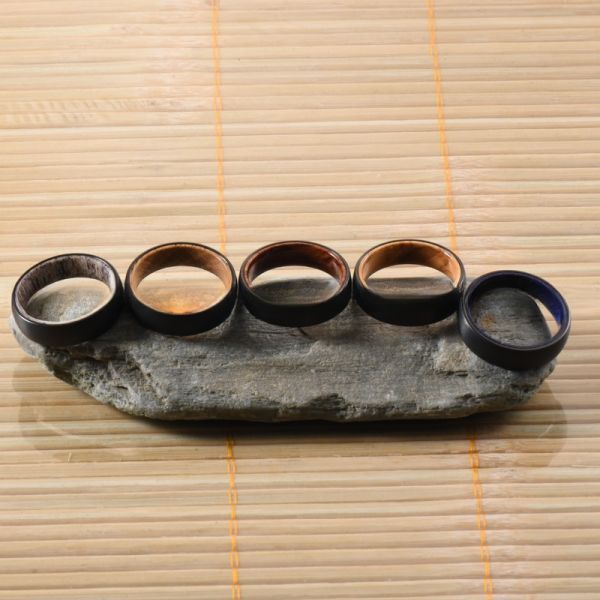 6mm Silver or Black Plated Wedding Engagement Band with Natural Deer Antler Inside Dome Edges Comfort Fit Geometric Shape