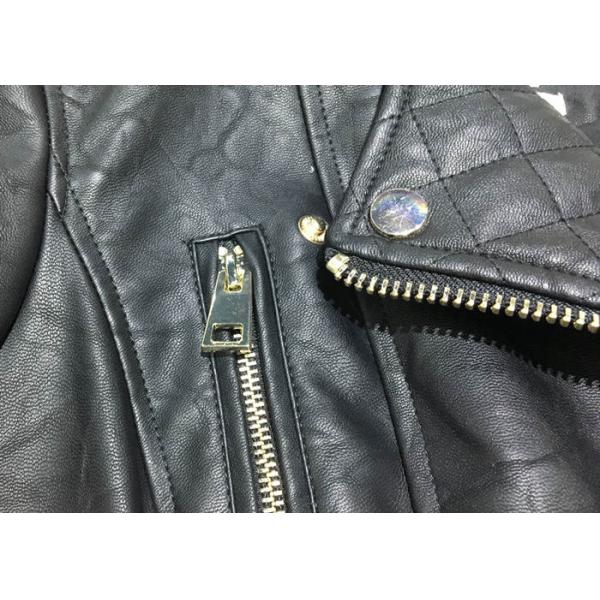 Black Textured Pleather Ladies PU Jacket Asymmertrical Zip Through For Women
