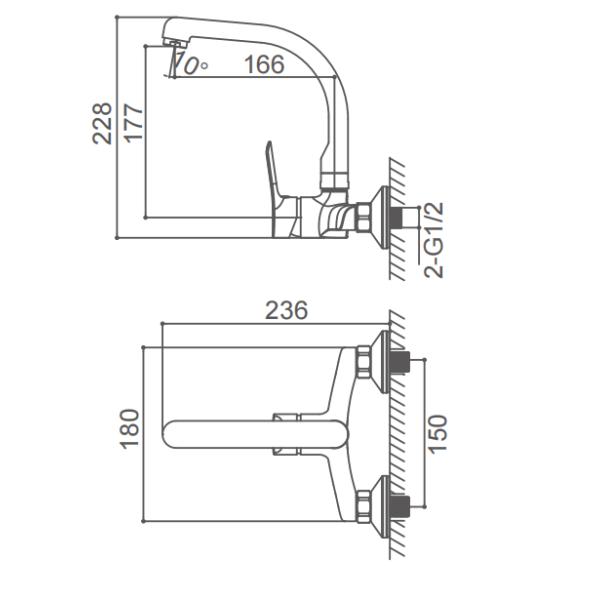 2 Hole Chrome Kitchen Mixer Faucet Wall Installation Single Lever Swivel Sink Tap