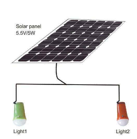 solar Power lamps 5W with 2pcs LED bulbs high lumens , 4 in one mobile charging cable
