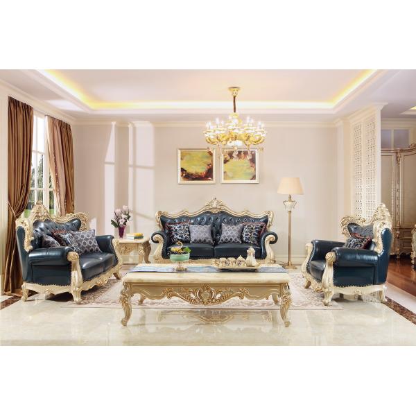 European style Luxury Leather Sofa set wood carving by Joyful Ever Living room Furniture