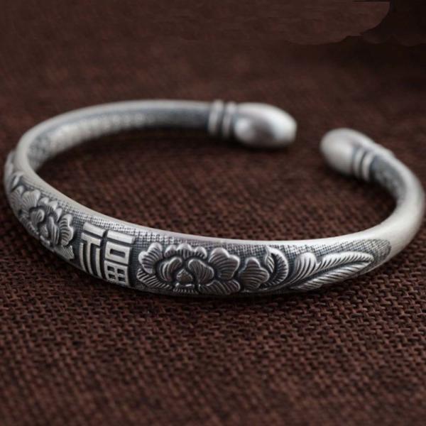 Women Sterling Silver Cuff Bracelet Engraved Fowers Blessings Retro Bangle (055733)