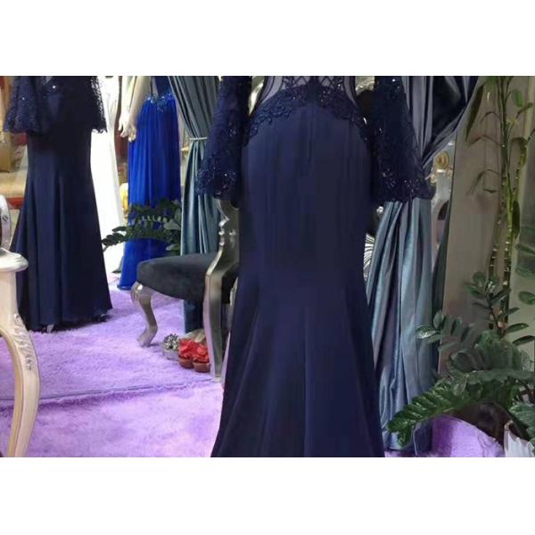 Top Backless Navy Blue Mermaid Dress / Sweep Train Prom Dress Long Horn Sleeve