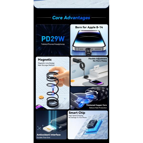 ESSAGER ES-X56 1M PD 29W 3A Fast Charging Type C To L Magnetic Data Cables For Iphone