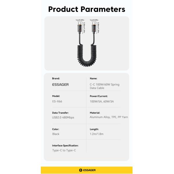 ESSAGER ES-X66 60W 100W Spring Style USB C to USB C Cable USB C PD