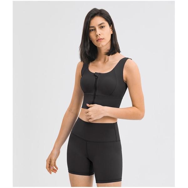 Blue Grey Gathered Women's Sports Bra Front Zip Shockproof Gym Running Fitness Crop Top