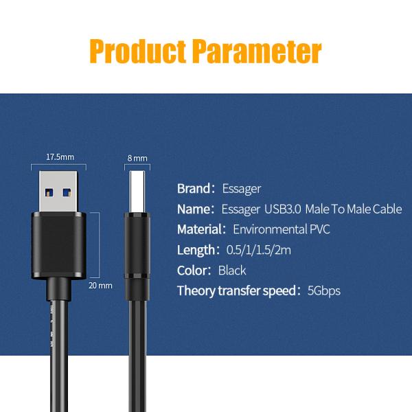 Essager 2021 USB Extension New Products Male to Male Data Cable USB3.0 for Data Transmission