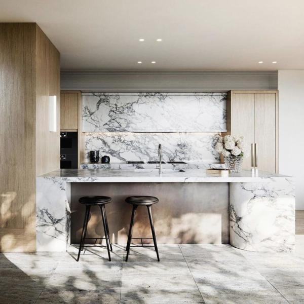 Modern Design Wood Kitchen Cabinet MDF Carcase Marble Countertop Plywood Furniture Kitchen Cabinet for Residential Projects