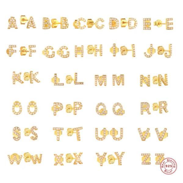 Fashion Sterling Silver A-z Alphabet Earrings 18k Gold Plated 925 Silver Letter Stud Earrings