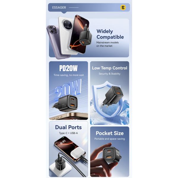 ESSAGER Usb A Usb C Travel Fast Phone Charger 20W PD3.0 QC4.0 Dual Port ES-CD54