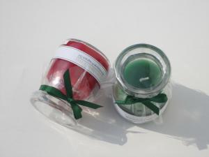 Cheap 5.2x6.3cm Red & Green scented mini glass candle with printed label and green ribbon decor wholesale