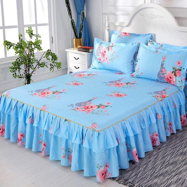 Modern Floral Plant Printed Woven 100% Cotton Bed Cover Fitted Skirt Sheets 3pcs Bedding Bedspread Sets