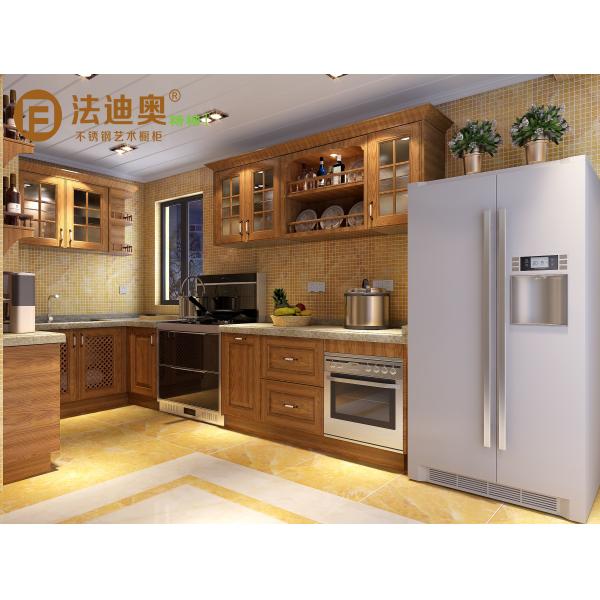 Wooden-Texture Stainless Steel Kitchen Cabinets With Glass Doors And Open Shelving