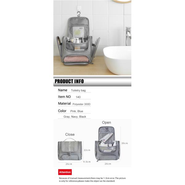 Gray Hanging Cosmetic Bag Makeup Organizer Travel Kit With Hook Bathroom Accessories